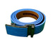 A blue leather belt with a textured crocodile pattern, rolled up to show its brown interior lining and a silver-toned automatic buckle.