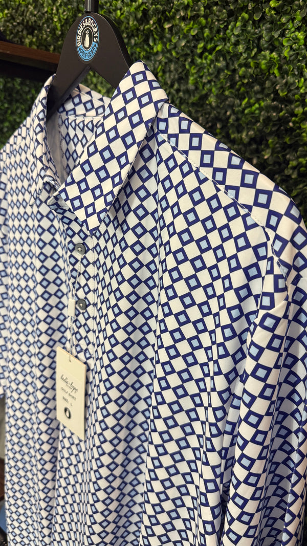 A blue and white geometric diamond patterned button-down polo shirt. 