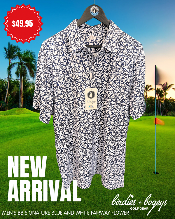 Men's Blue and White Fairway Flower Polo Shirt