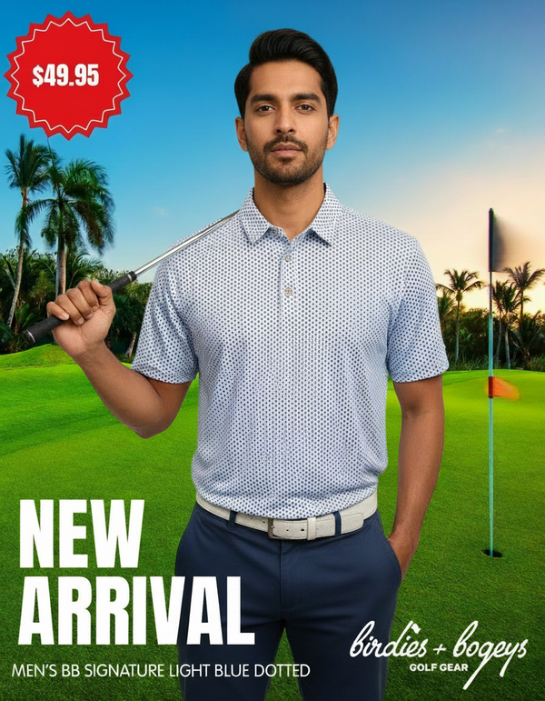 Men's Light Blue Golf Polo with Black Circles. Classic Look