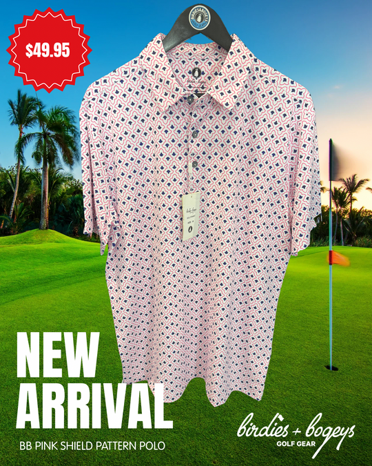 A short-sleeve collared polo shirt with a pink base and a repeating dark shield-like pattern.