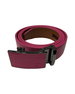 A pink magenta leather belt with a black automatic slide buckle, featuring an embossed crocodile pattern on the buckle plate.