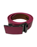 A pink magenta leather belt with a black automatic slide buckle, featuring an embossed crocodile pattern on the buckle plate.
