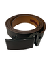 A coiled black leather belt with a textured rectangular automatic buckle and a tan interior lining, shown on a plain white background.