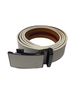 A rolled-up automatic belt with a textured light gray strap, a black buckle, and a brown interior lining, shown on a plain white background.