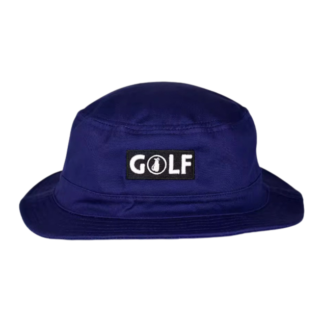 A royal blue bucket hat with a black rectangular patch on the front featuring the word 'GOLF' in white letters and a golf ball icon.