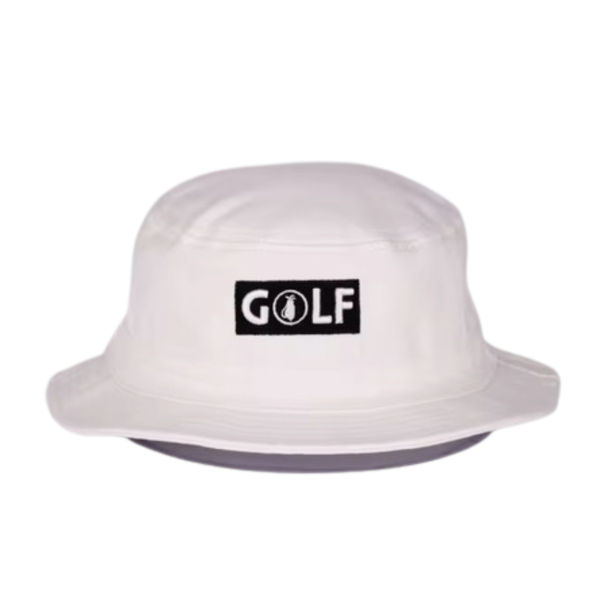 A white bucket hat with a black rectangular patch on the front featuring the word 'GOLF' and a golf ball icon, shown against a plain white background.