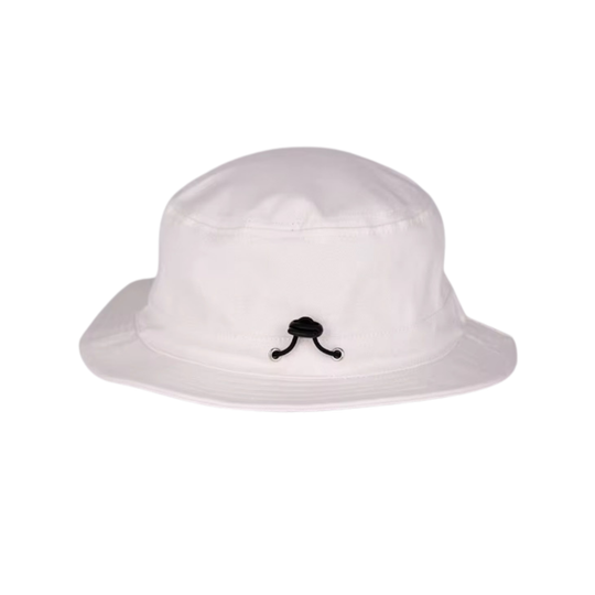 A white bucket hat with a small black decorative emblem on the front, shown against a plain white background.