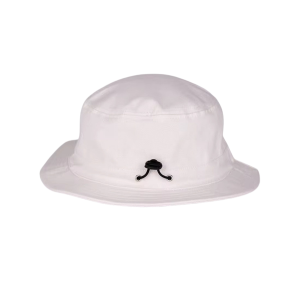 A white bucket hat with a small black decorative emblem on the front, shown against a plain white background.